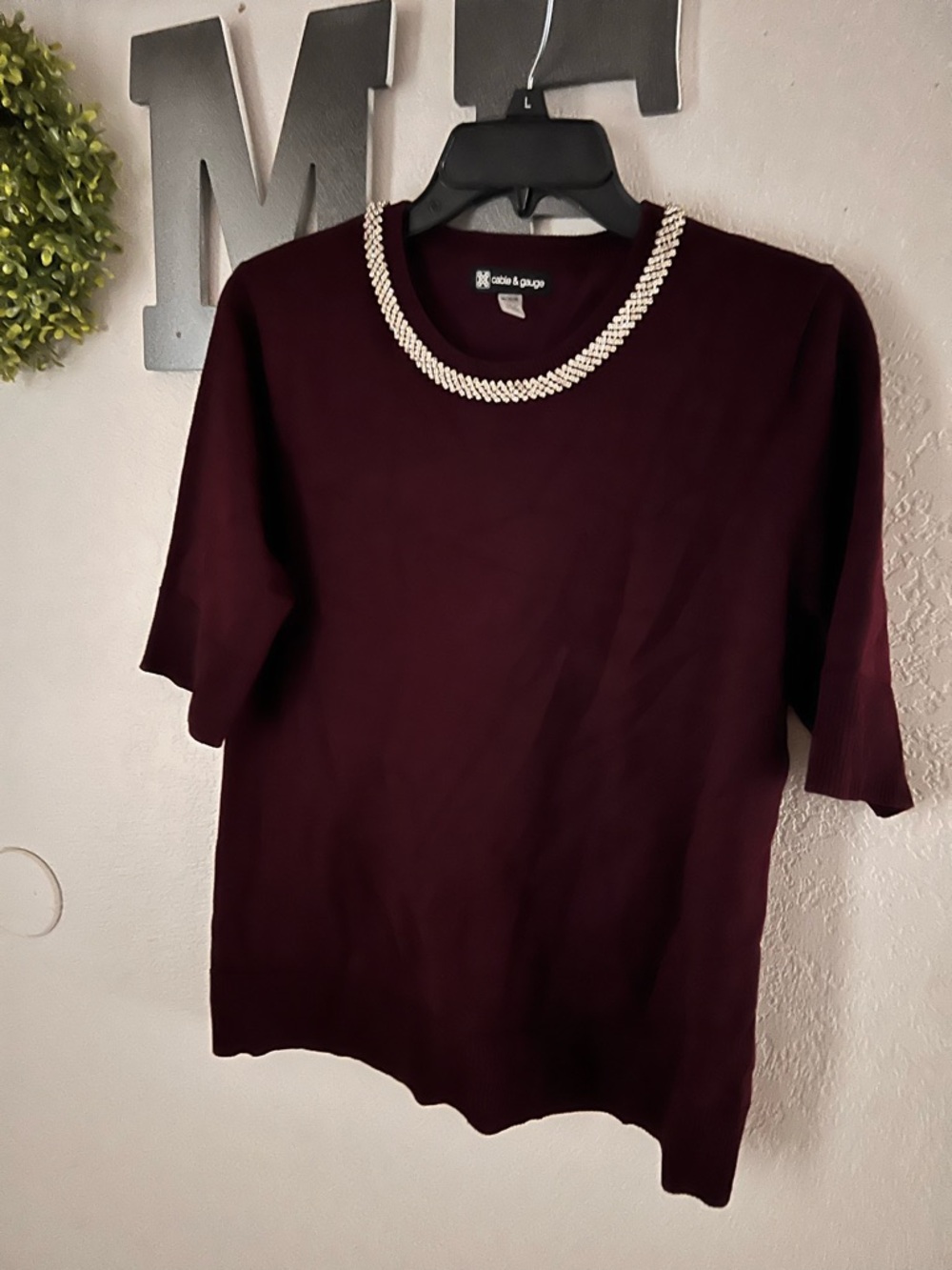 Cable & Gauge Burgundy Short-Sleeve Sweater with Pearl-Style Trim
